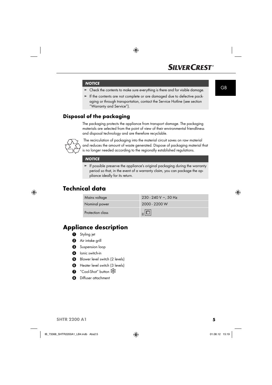 Technical data, Appliance description, Disposal of the packaging | Silvercrest SHTR 2200 A1 User Manual | Page 8 / 54