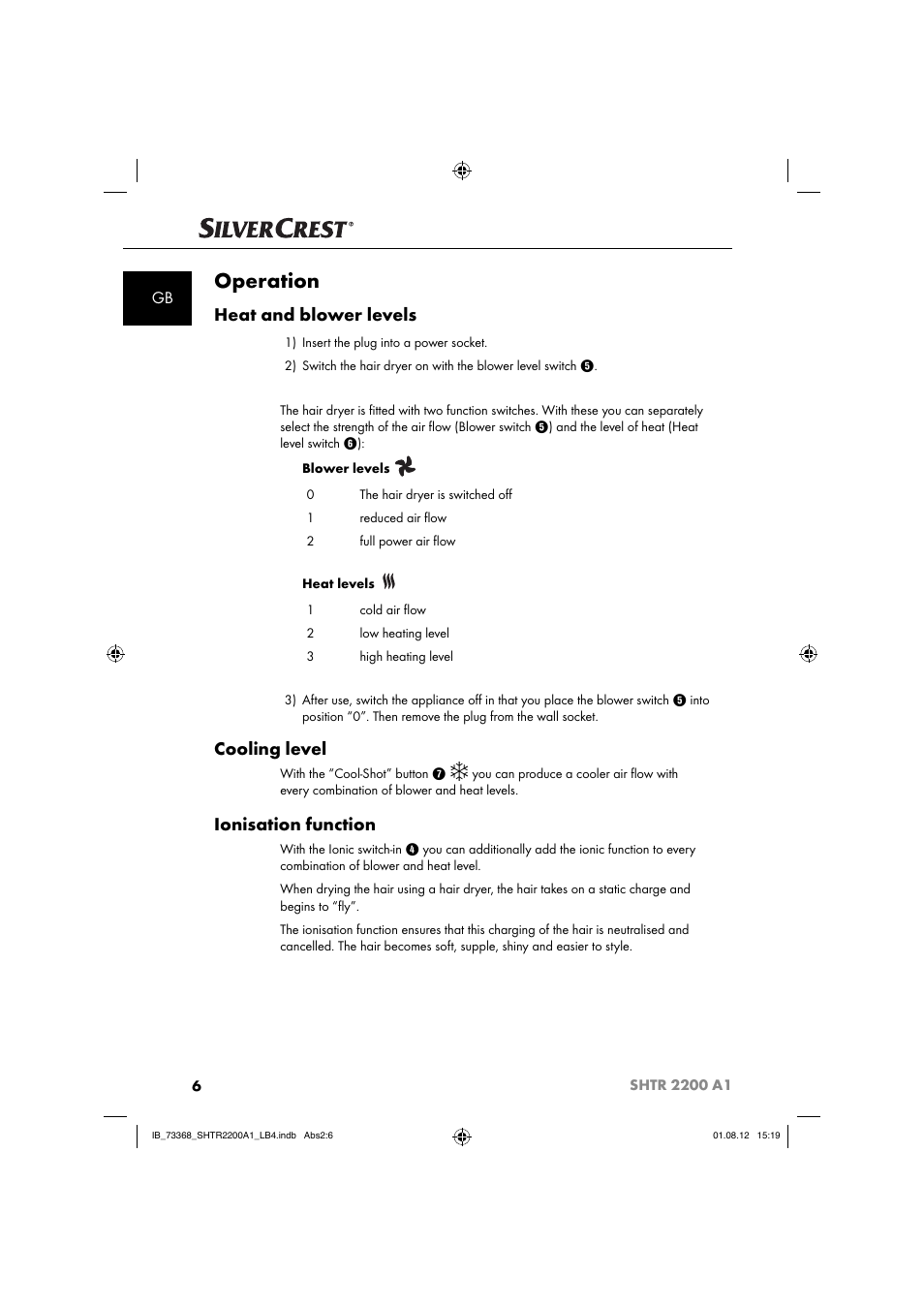 Operation, Heat and blower levels, Cooling level | Ionisation function | Silvercrest SHTR 2200 A1 User Manual | Page 9 / 54