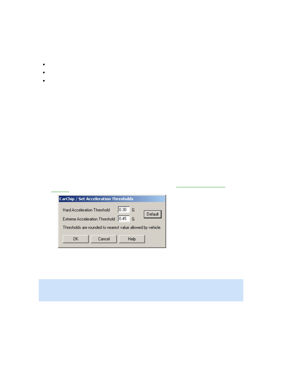 Extreme braking threshold, Set acceleration thresholds | DAVIS CarChip Online Help (8221, 8226, 8245, 8246) User Manual | Page 60 / 119