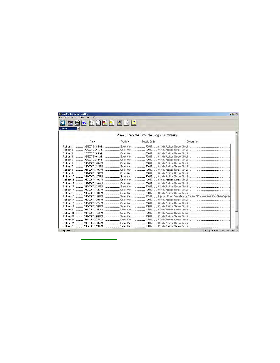 Vehicle trouble log summary view | DAVIS CarChip Online Help (8221, 8226, 8245, 8246) User Manual | Page 95 / 119