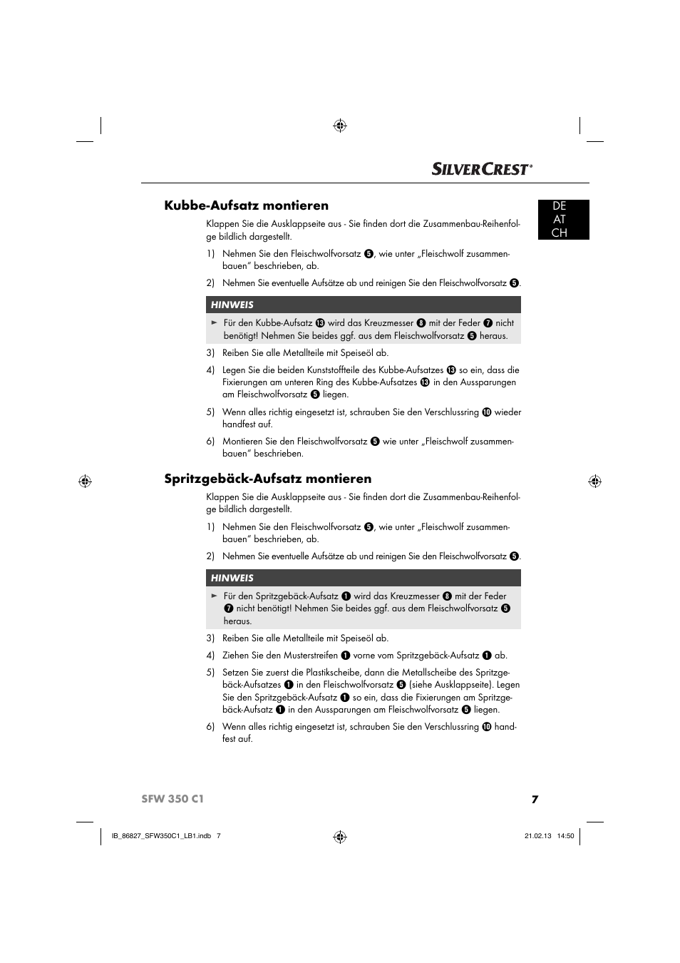 Kubbe-aufsatz montieren, Spritzgebäck-aufsatz montieren, De at ch | Silvercrest SFW 350 C1 User Manual | Page 10 / 84