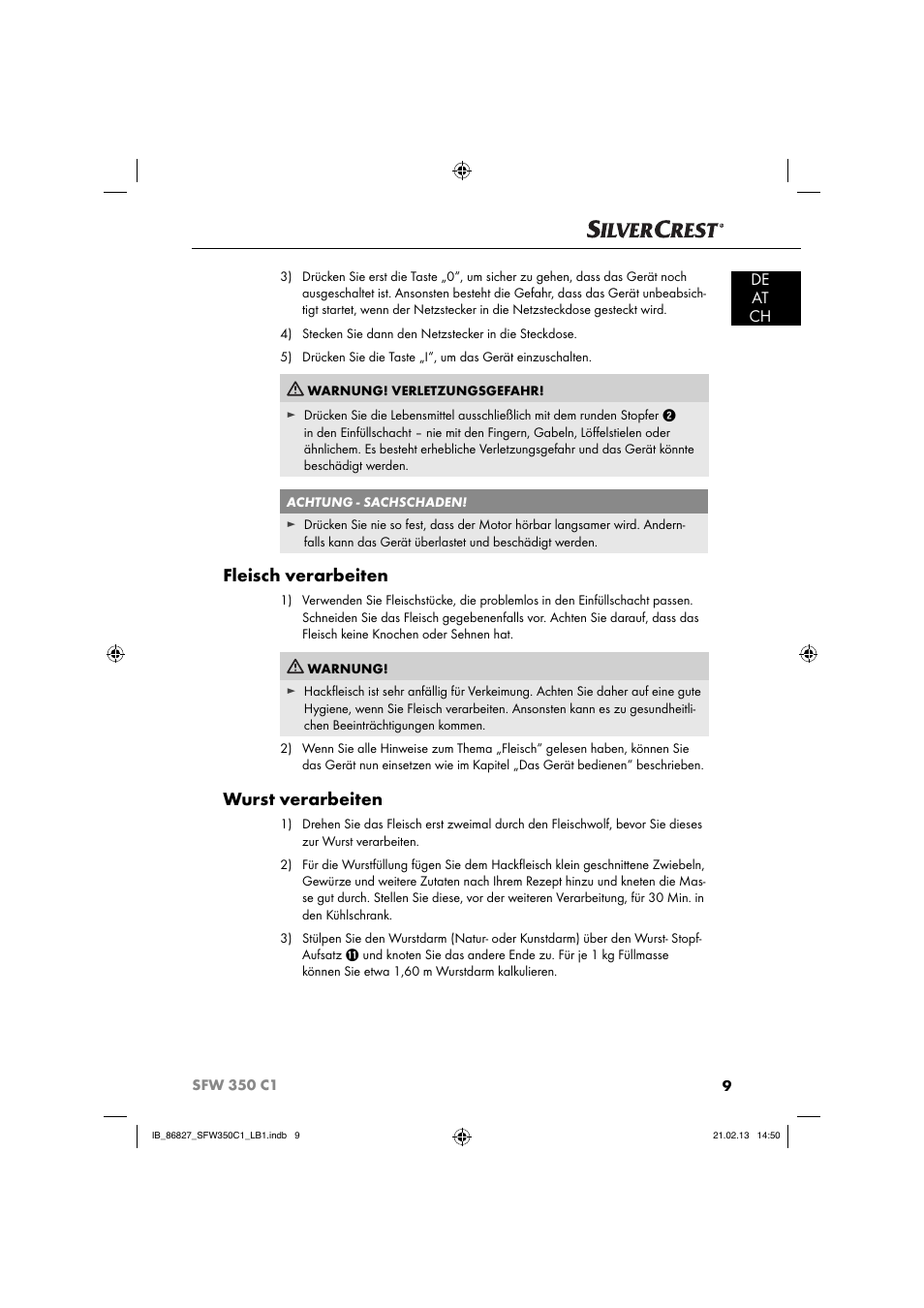 Fleisch verarbeiten, Wurst verarbeiten, De at ch | Silvercrest SFW 350 C1 User Manual | Page 12 / 84