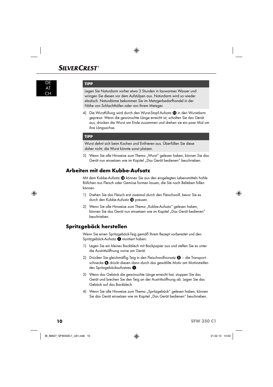 Arbeiten mit dem kubbe-aufsatz, Spritzgebäck herstellen, De at ch | Silvercrest SFW 350 C1 User Manual | Page 13 / 84