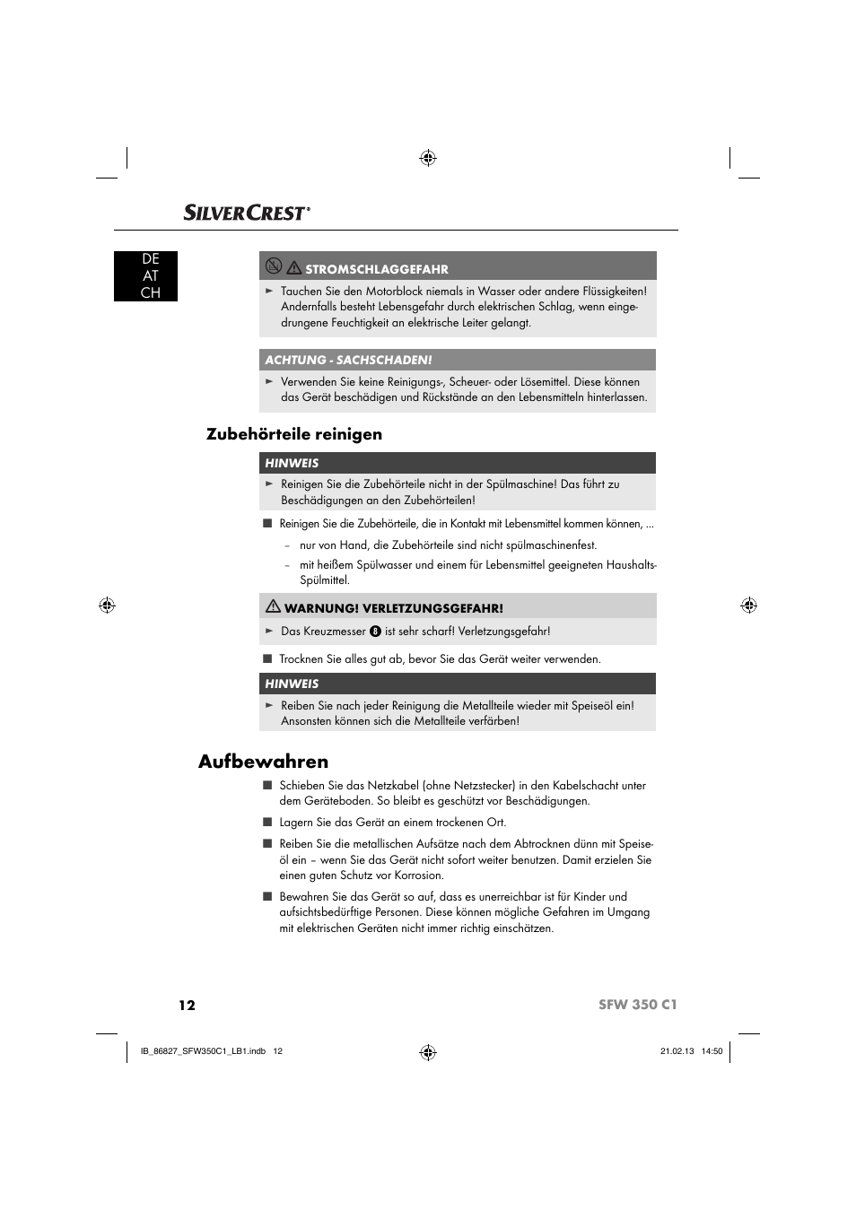 Aufbewahren, Zubehörteile reinigen, De at ch | Silvercrest SFW 350 C1 User Manual | Page 15 / 84