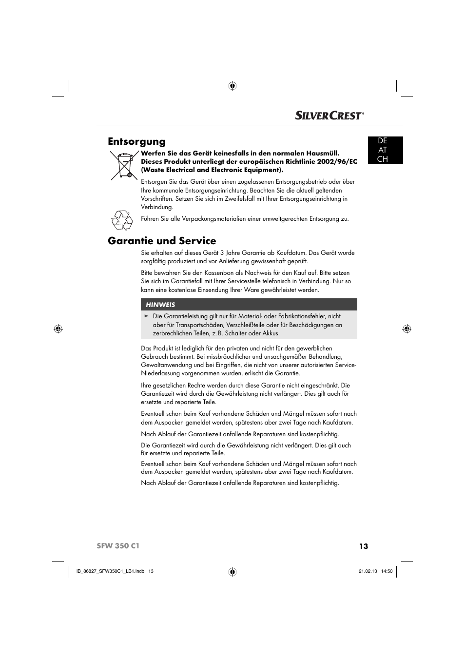 Entsorgung, Garantie und service, De at ch | Silvercrest SFW 350 C1 User Manual | Page 16 / 84