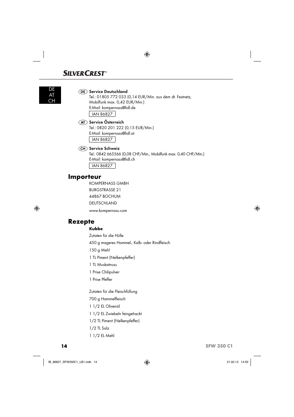 Importeur, Rezepte, De at ch | Silvercrest SFW 350 C1 User Manual | Page 17 / 84