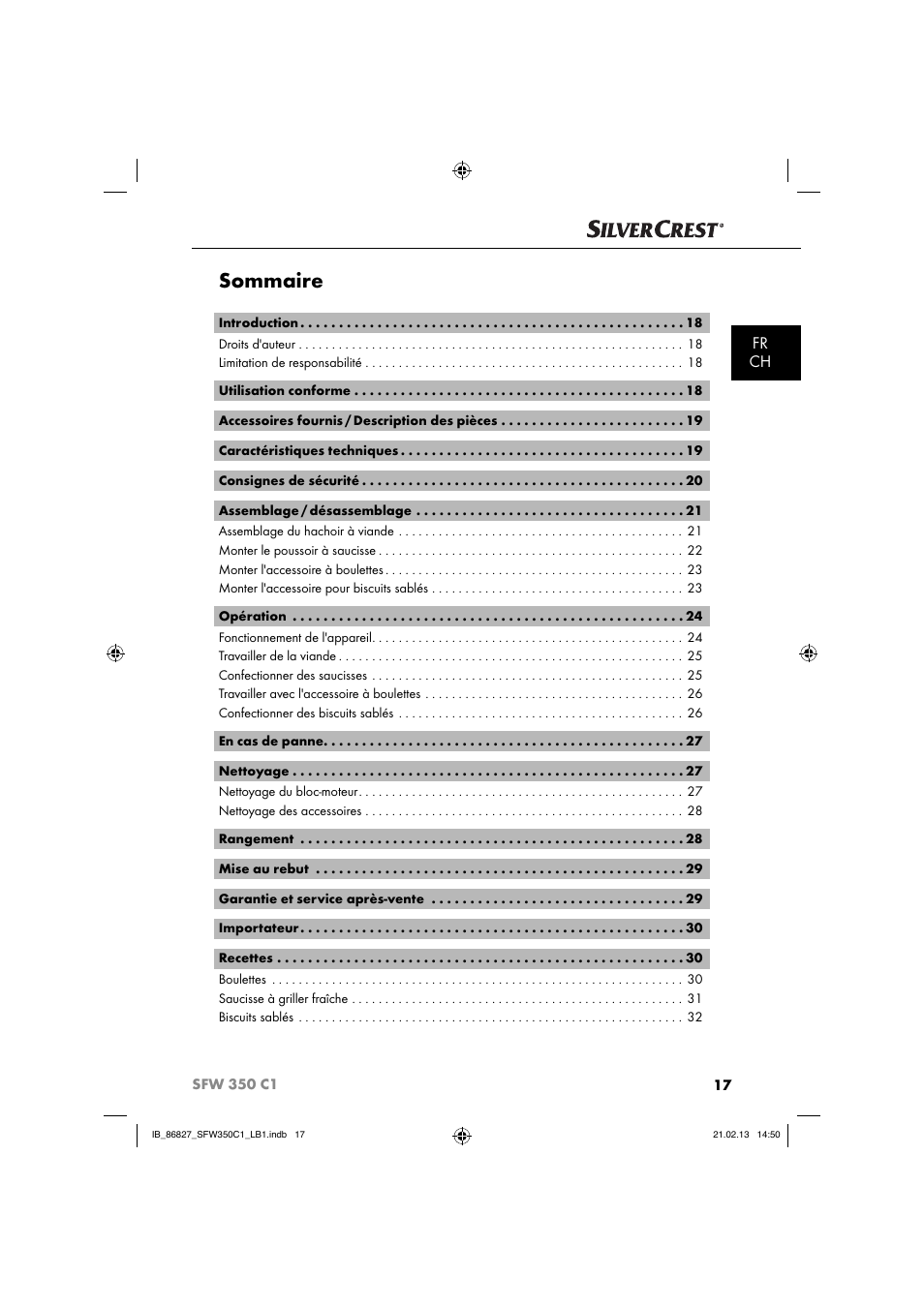 Sommaire, Fr ch | Silvercrest SFW 350 C1 User Manual | Page 20 / 84