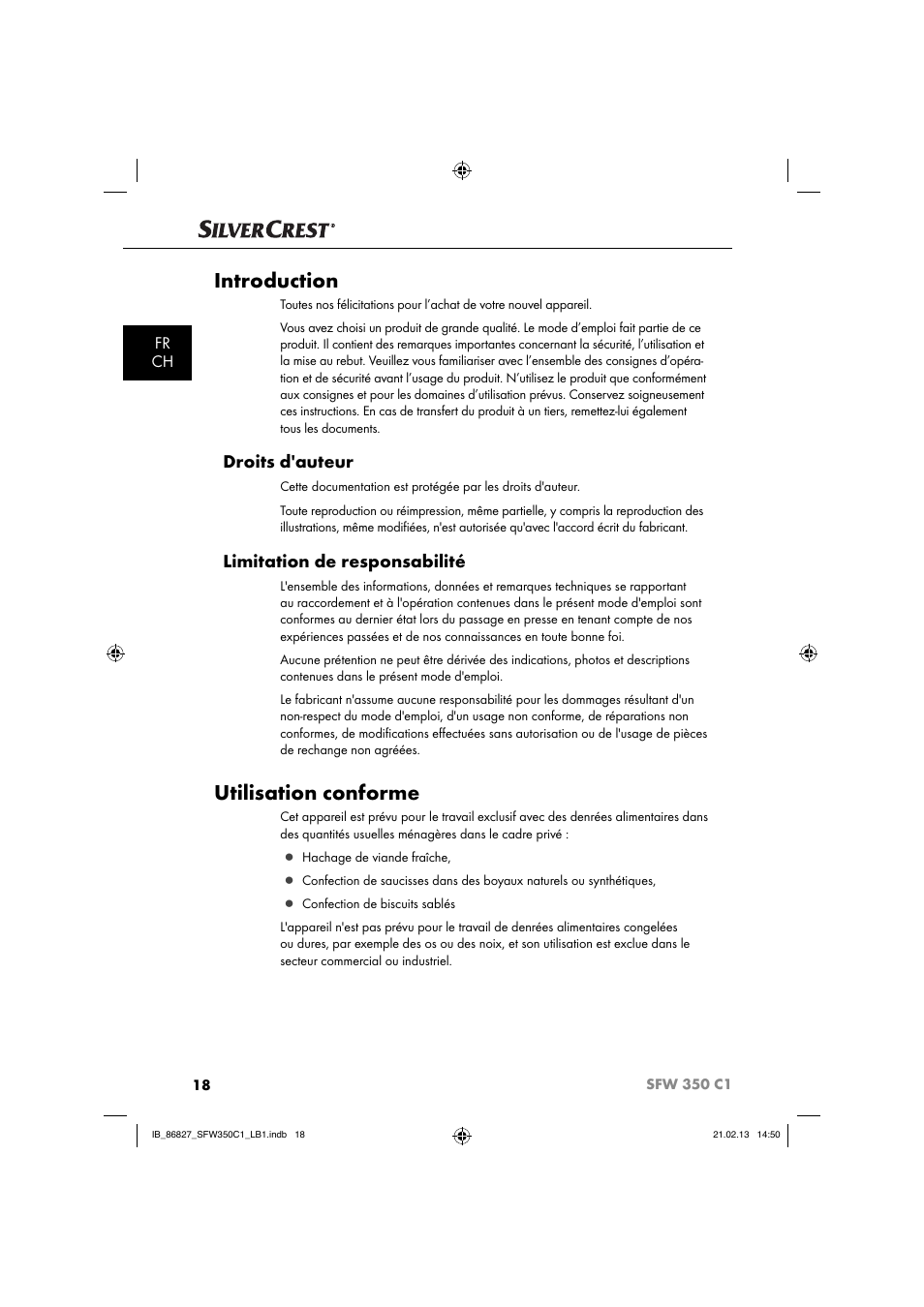 Introduction, Utilisation conforme, Droits d'auteur | Limitation de responsabilité, Fr ch | Silvercrest SFW 350 C1 User Manual | Page 21 / 84