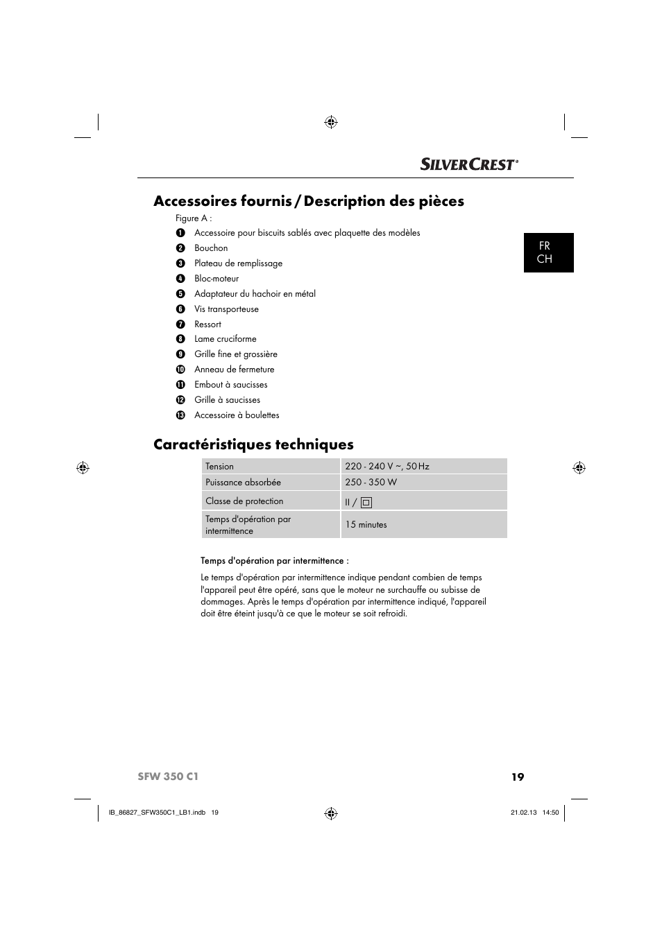 Accessoires fournis / description des pièces, Caractéristiques techniques, Fr ch | Silvercrest SFW 350 C1 User Manual | Page 22 / 84