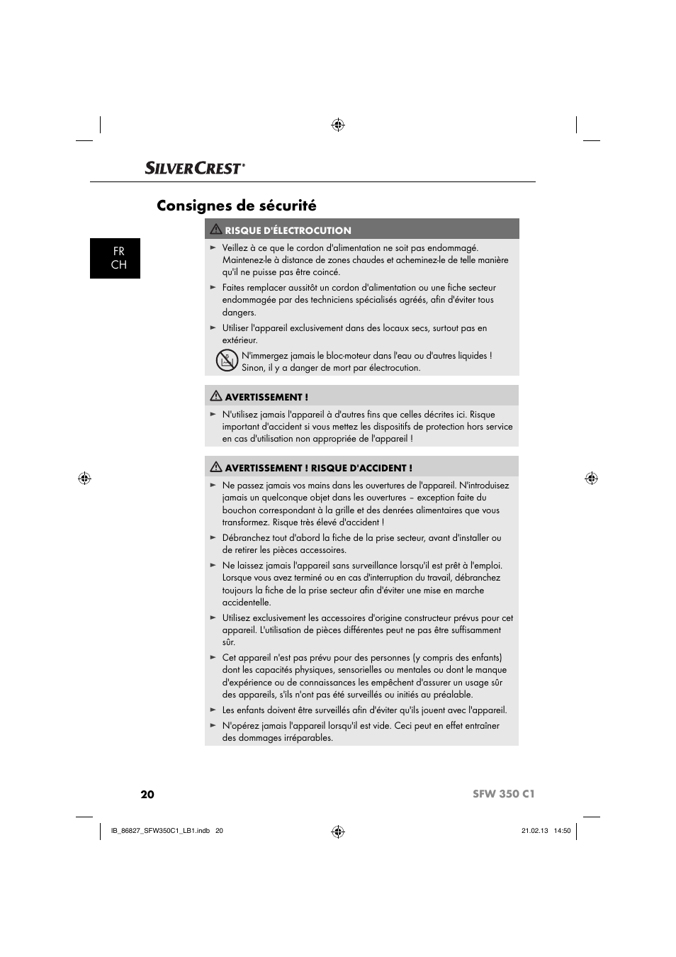 Consignes de sécurité, Fr ch | Silvercrest SFW 350 C1 User Manual | Page 23 / 84