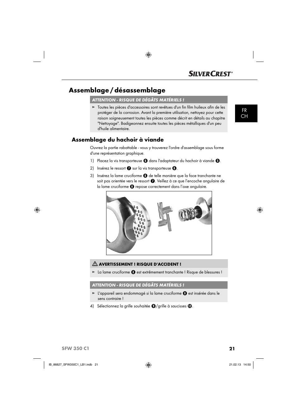 Assemblage / désassemblage, Assemblage du hachoir à viande, Fr ch | Silvercrest SFW 350 C1 User Manual | Page 24 / 84