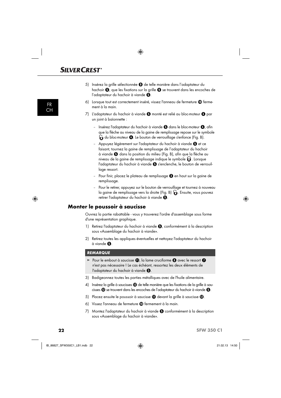 Monter le poussoir à saucisse, Fr ch | Silvercrest SFW 350 C1 User Manual | Page 25 / 84