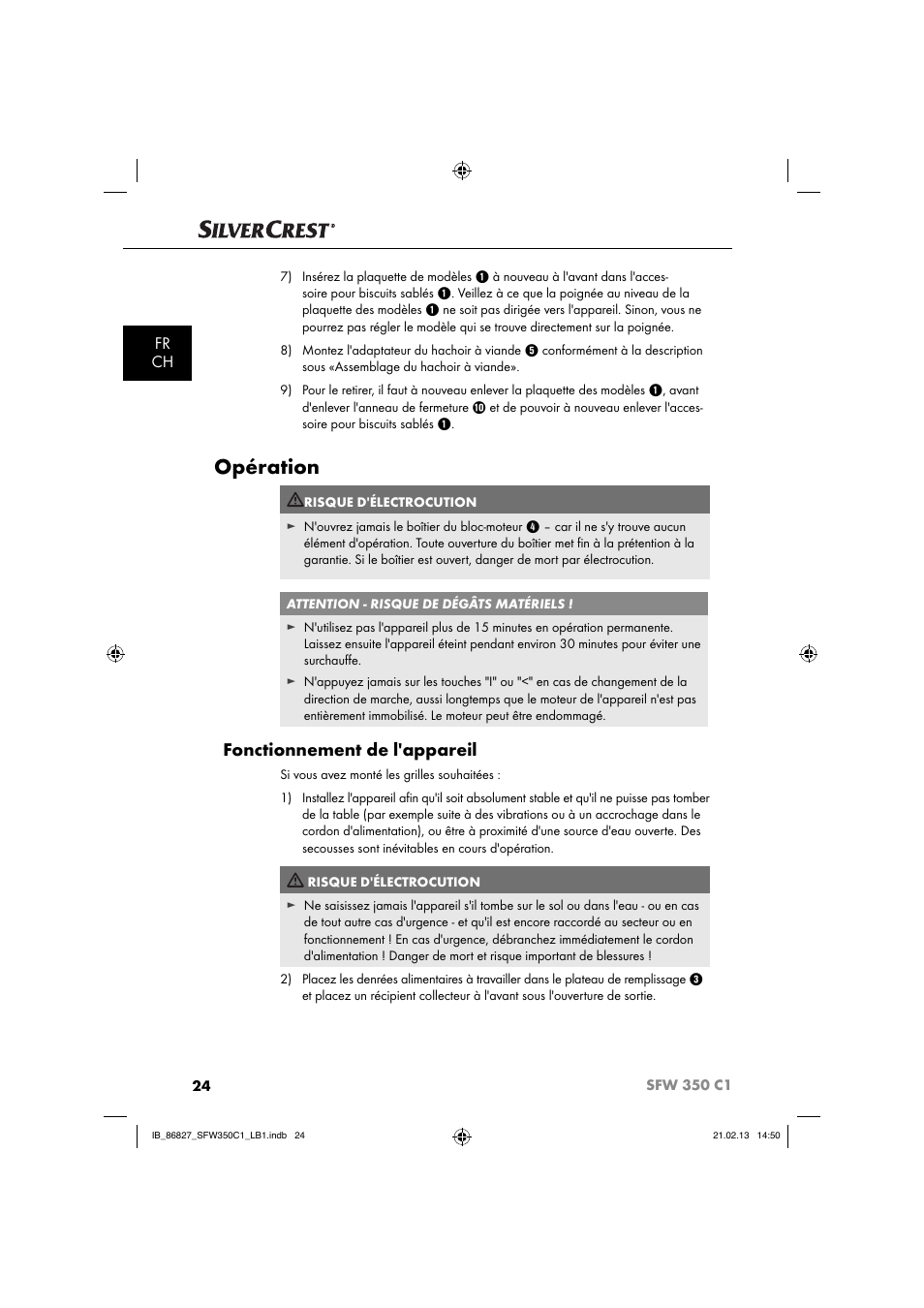 Opération, Fonctionnement de l'appareil, Fr ch | Silvercrest SFW 350 C1 User Manual | Page 27 / 84