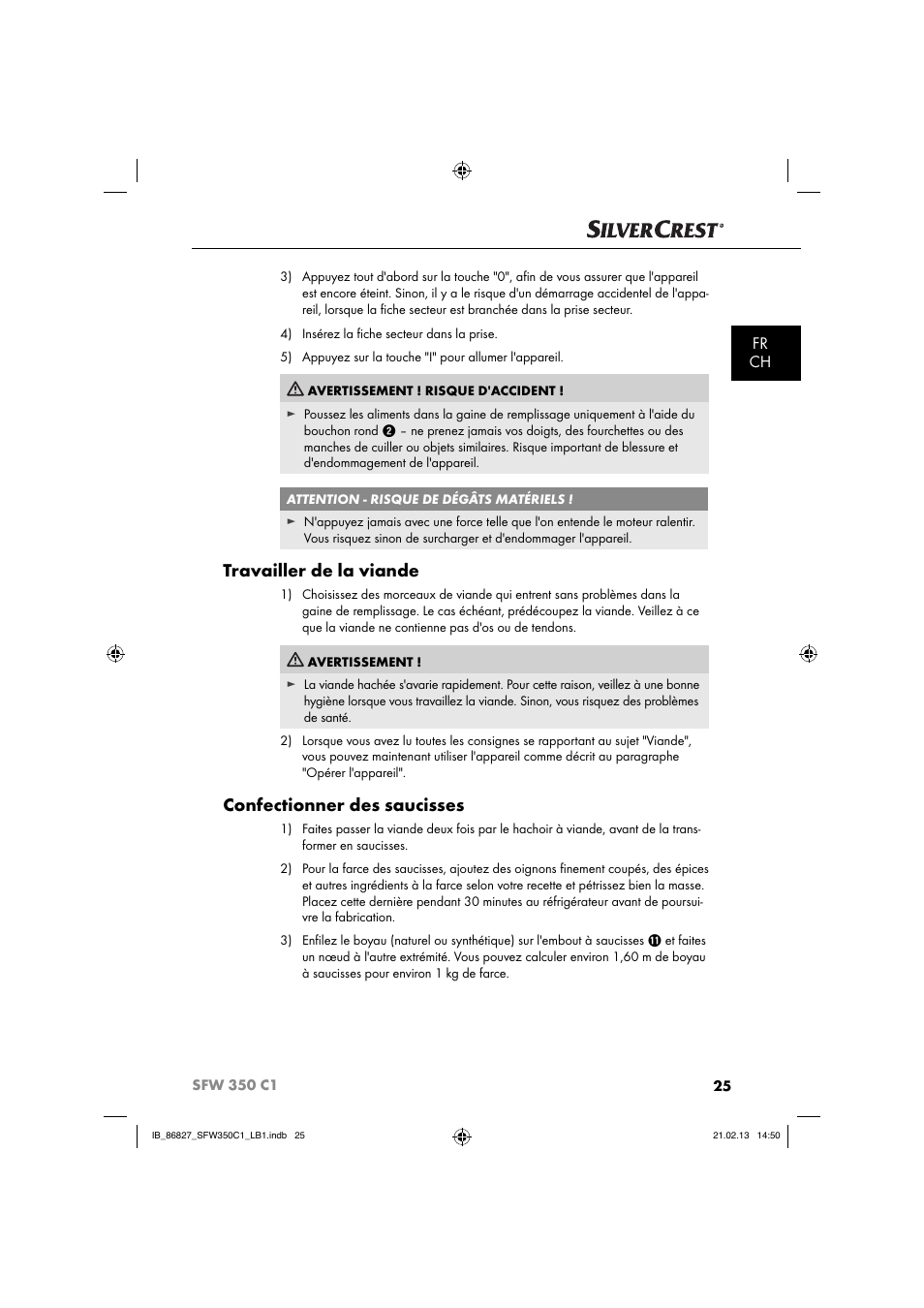 Travailler de la viande, Confectionner des saucisses, Fr ch | Silvercrest SFW 350 C1 User Manual | Page 28 / 84