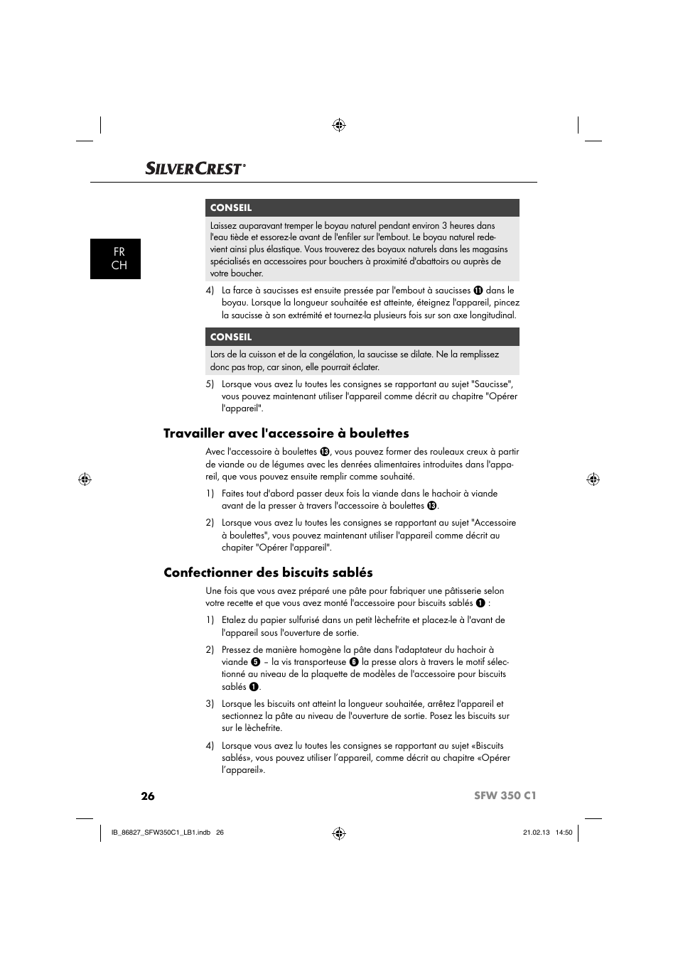 Travailler avec l'accessoire à boulettes, Confectionner des biscuits sablés, Fr ch | Silvercrest SFW 350 C1 User Manual | Page 29 / 84