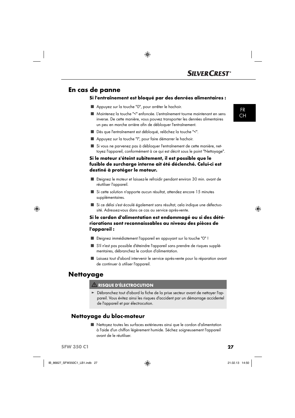 En cas de panne, Nettoyage, Nettoyage du bloc-moteur | Fr ch | Silvercrest SFW 350 C1 User Manual | Page 30 / 84