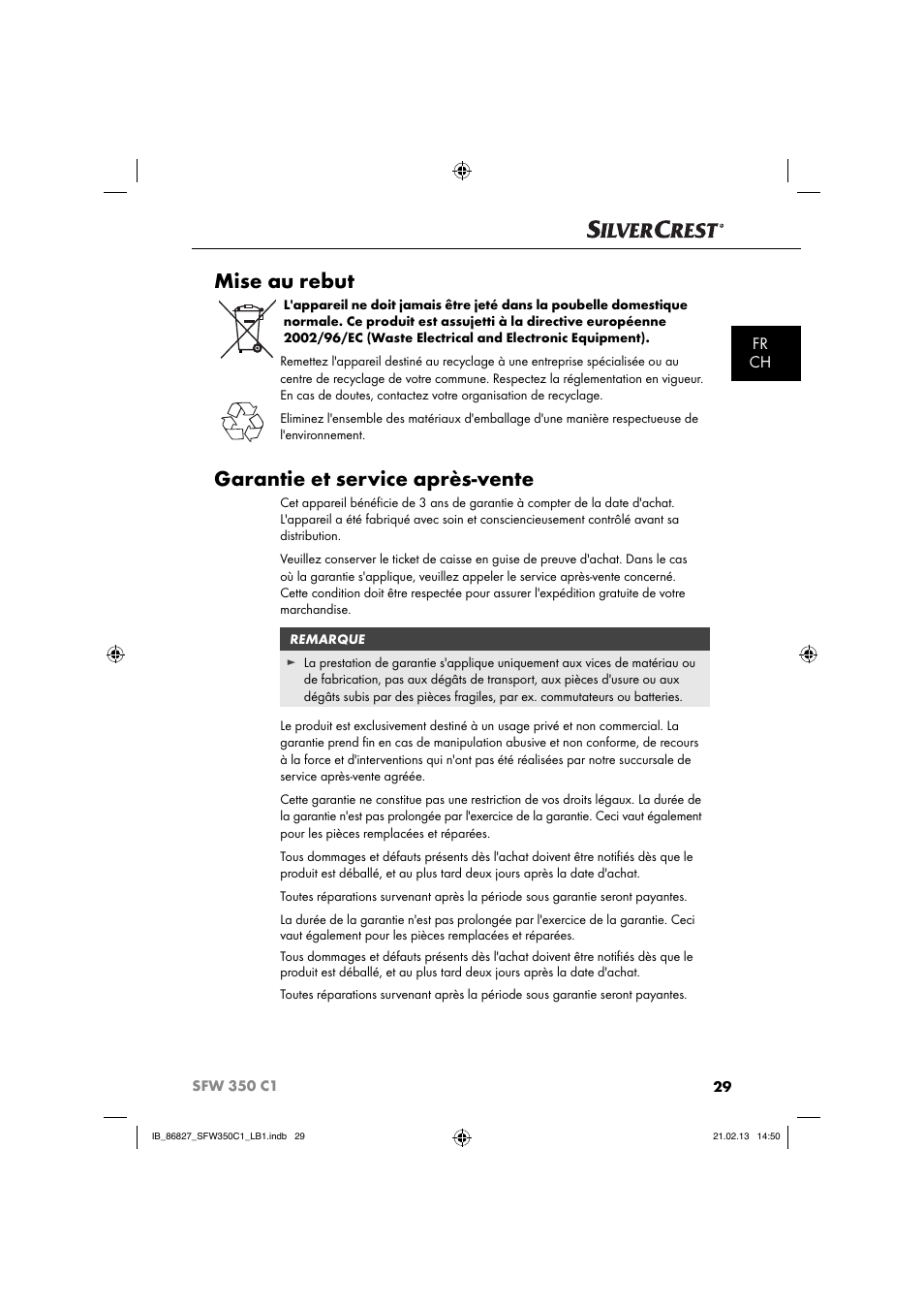 Mise au rebut, Garantie et service après-vente, Fr ch | Silvercrest SFW 350 C1 User Manual | Page 32 / 84