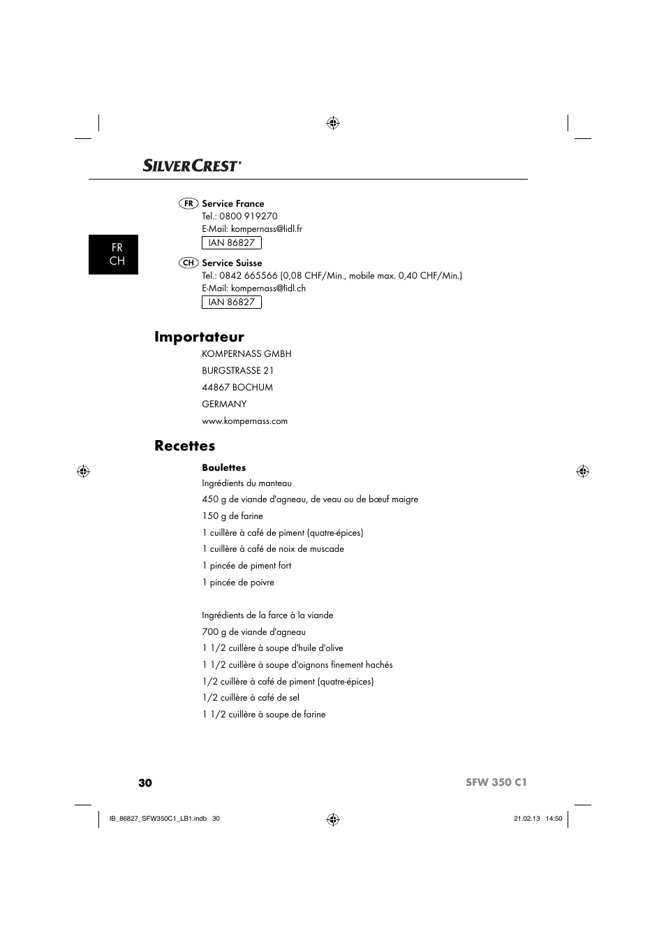 Importateur, Recettes, Fr ch | Silvercrest SFW 350 C1 User Manual | Page 33 / 84