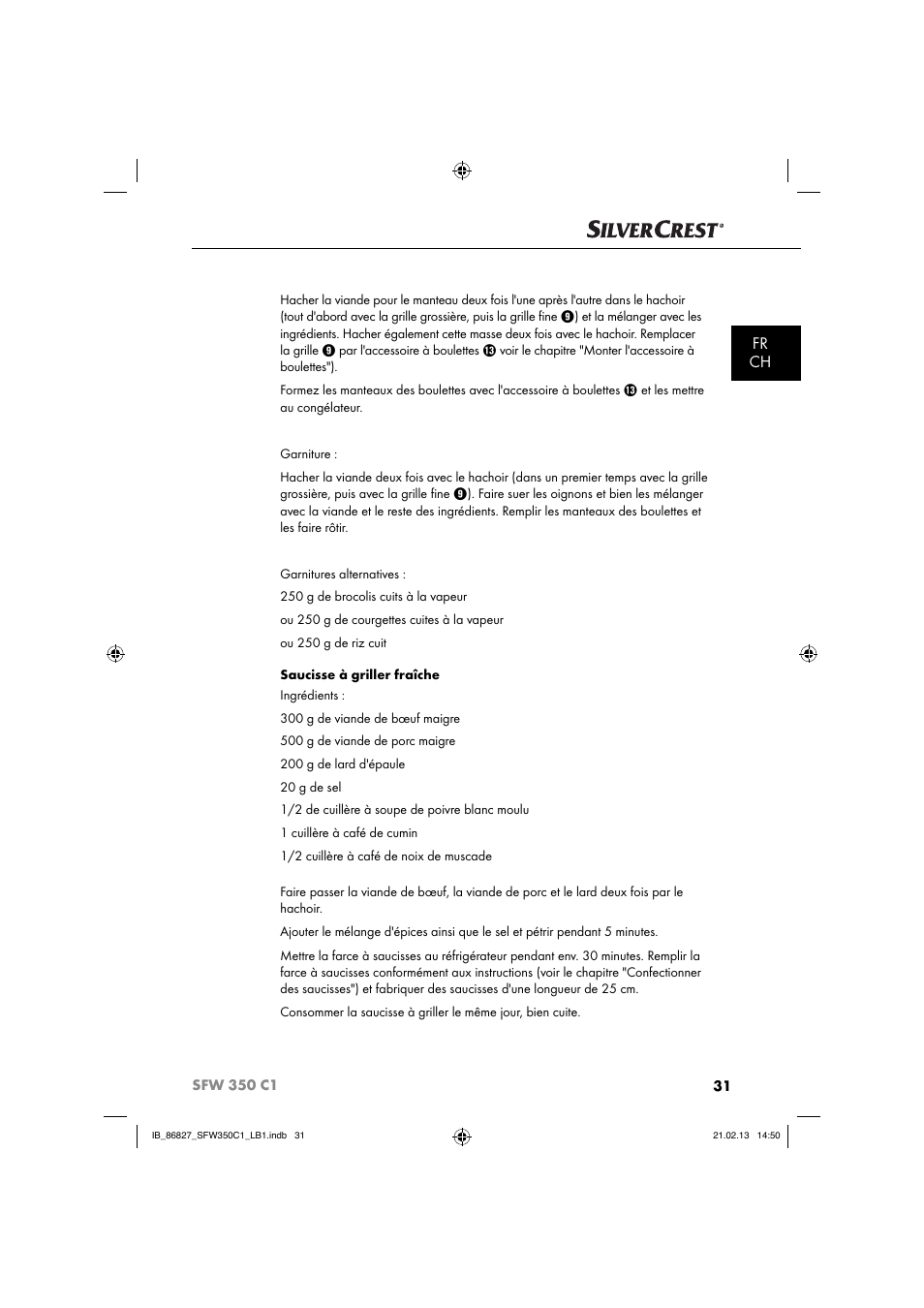 Fr ch | Silvercrest SFW 350 C1 User Manual | Page 34 / 84