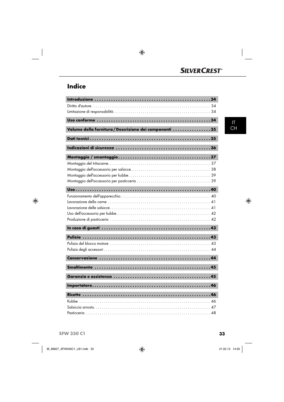 Indice, It ch | Silvercrest SFW 350 C1 User Manual | Page 36 / 84