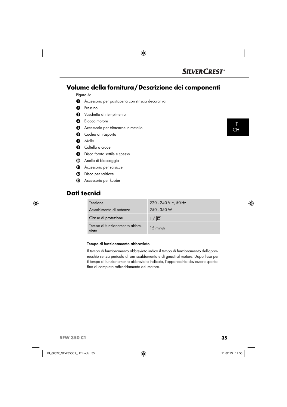 Dati tecnici, It ch | Silvercrest SFW 350 C1 User Manual | Page 38 / 84