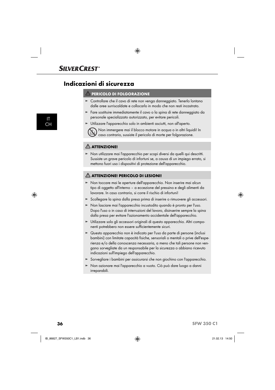 Indicazioni di sicurezza, It ch | Silvercrest SFW 350 C1 User Manual | Page 39 / 84