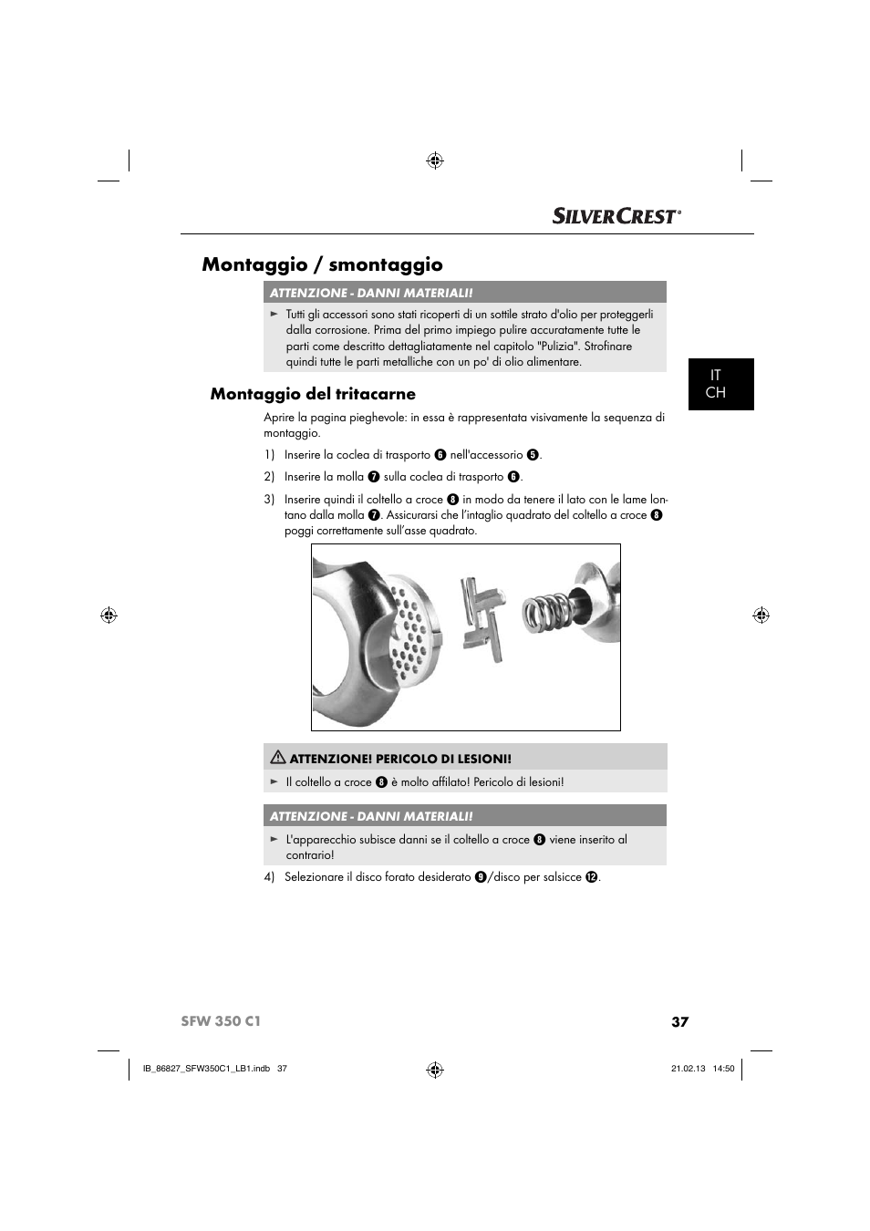 Montaggio / smontaggio, Montaggio del tritacarne, It ch | Silvercrest SFW 350 C1 User Manual | Page 40 / 84