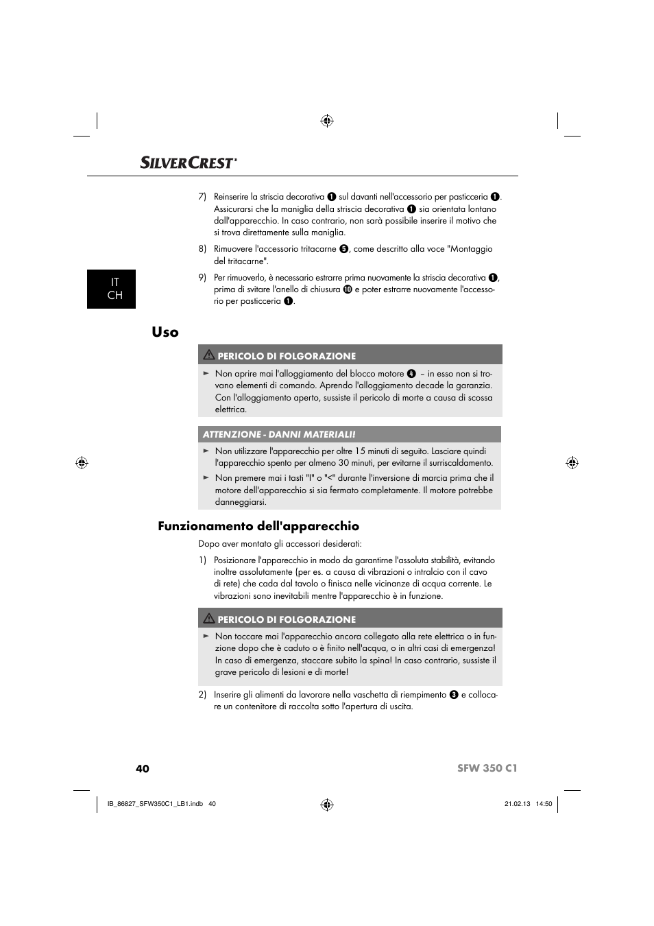 Funzionamento dell'apparecchio, It ch | Silvercrest SFW 350 C1 User Manual | Page 43 / 84