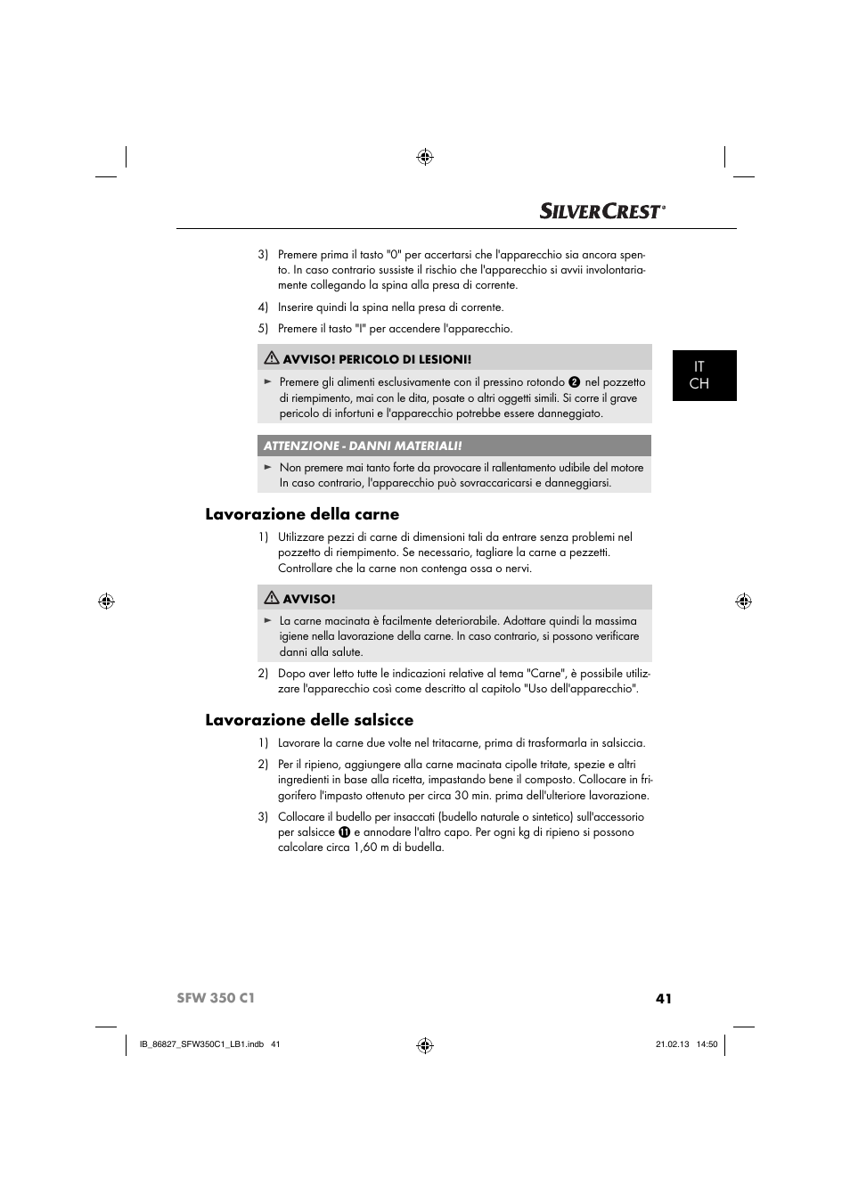 Lavorazione della carne, Lavorazione delle salsicce, It ch | Silvercrest SFW 350 C1 User Manual | Page 44 / 84