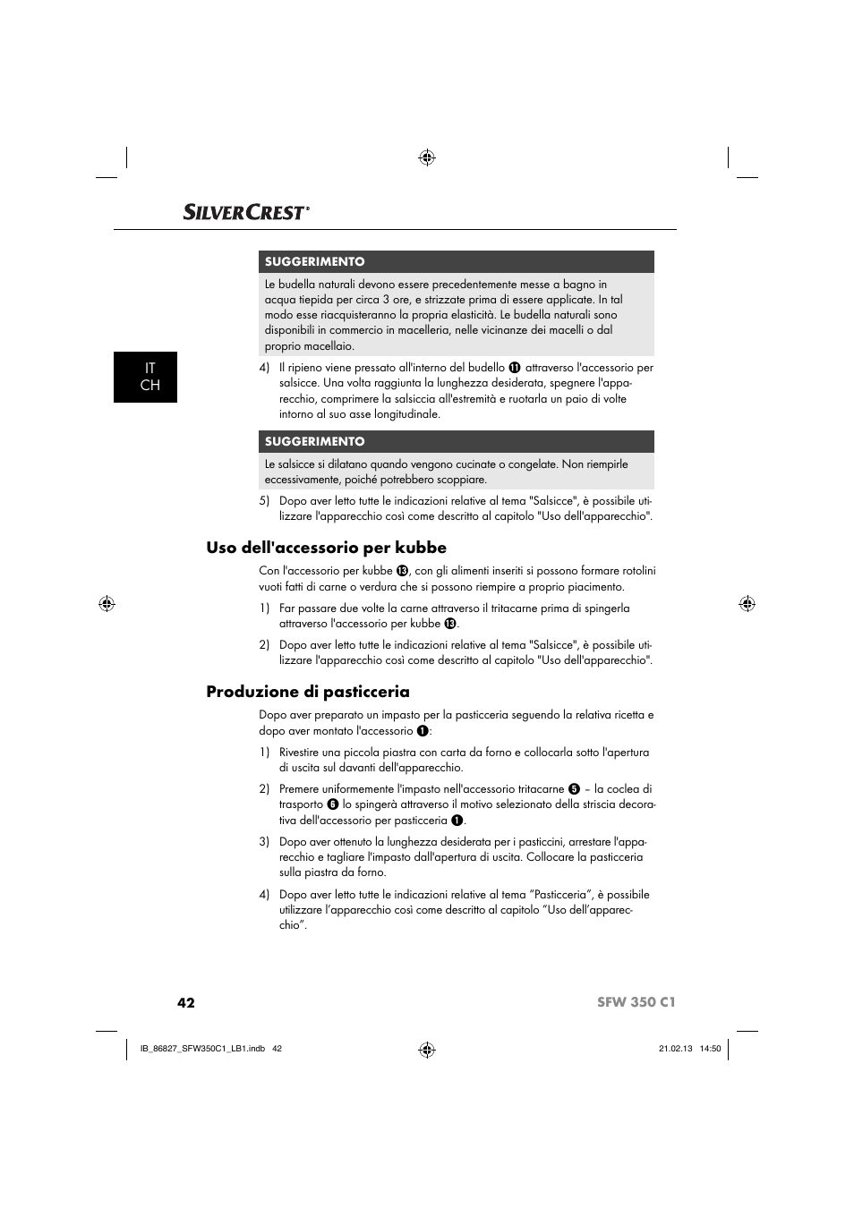 Uso dell'accessorio per kubbe, Produzione di pasticceria, It ch | Silvercrest SFW 350 C1 User Manual | Page 45 / 84