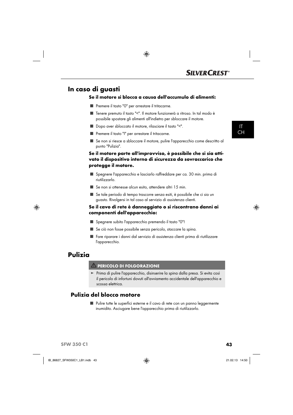 Pulizia, Pulizia del blocco motore, It ch | Silvercrest SFW 350 C1 User Manual | Page 46 / 84