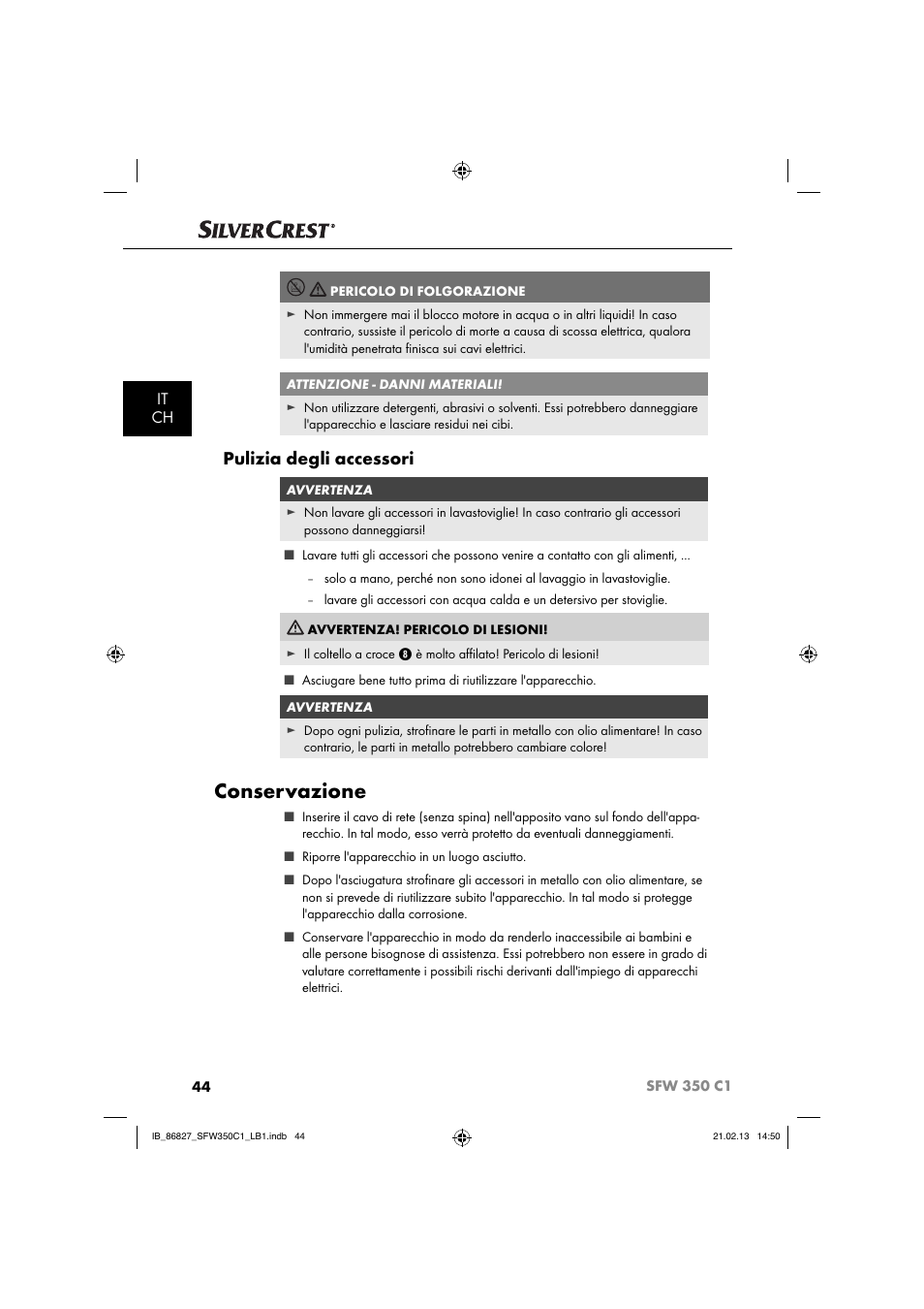 Conservazione, Pulizia degli accessori, It ch | Silvercrest SFW 350 C1 User Manual | Page 47 / 84