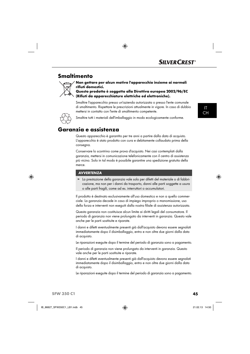 Smaltimento, Garanzia e assistenza, It ch | Silvercrest SFW 350 C1 User Manual | Page 48 / 84