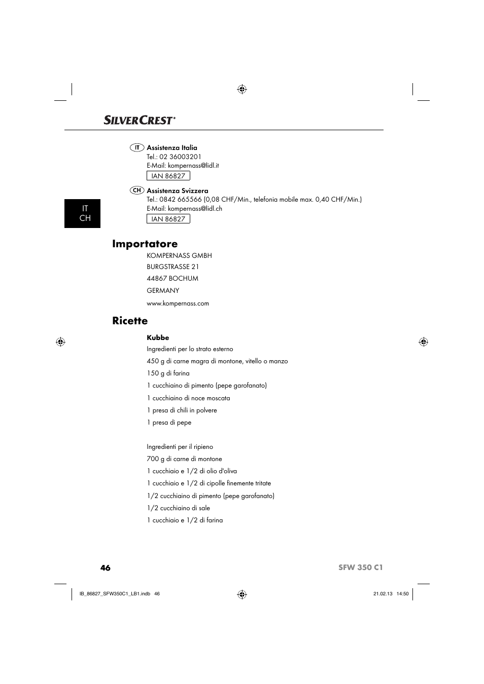 Importatore, Ricette, It ch | Silvercrest SFW 350 C1 User Manual | Page 49 / 84