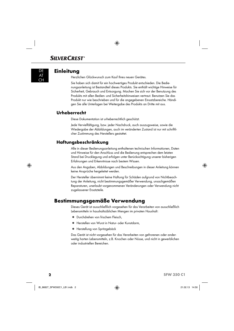 Einleitung, Bestimmungsgemäße verwendung, Urheberrecht | Haftungsbeschränkung, De at ch | Silvercrest SFW 350 C1 User Manual | Page 5 / 84