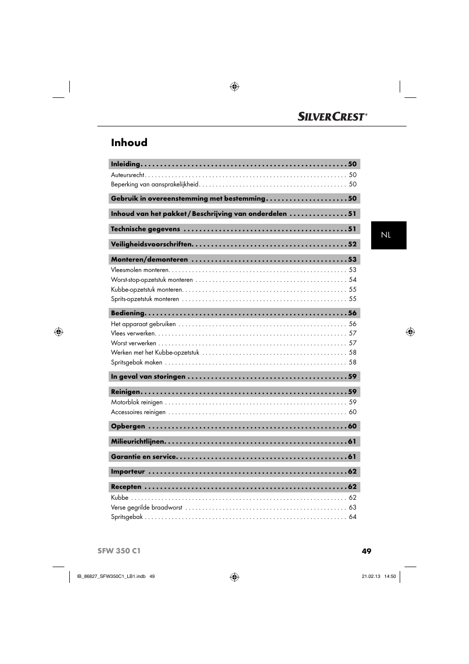 Inhoud | Silvercrest SFW 350 C1 User Manual | Page 52 / 84