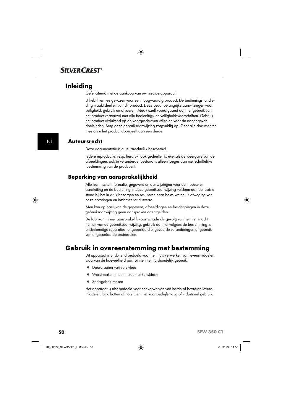 Inleiding, Gebruik in overeenstemming met bestemming, Auteursrecht | Beperking van aansprakelijkheid | Silvercrest SFW 350 C1 User Manual | Page 53 / 84