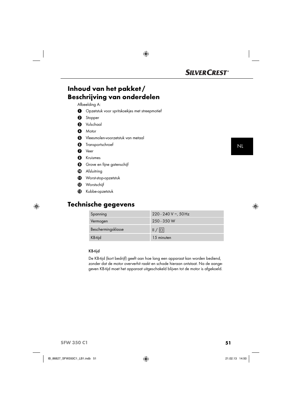 Technische gegevens | Silvercrest SFW 350 C1 User Manual | Page 54 / 84