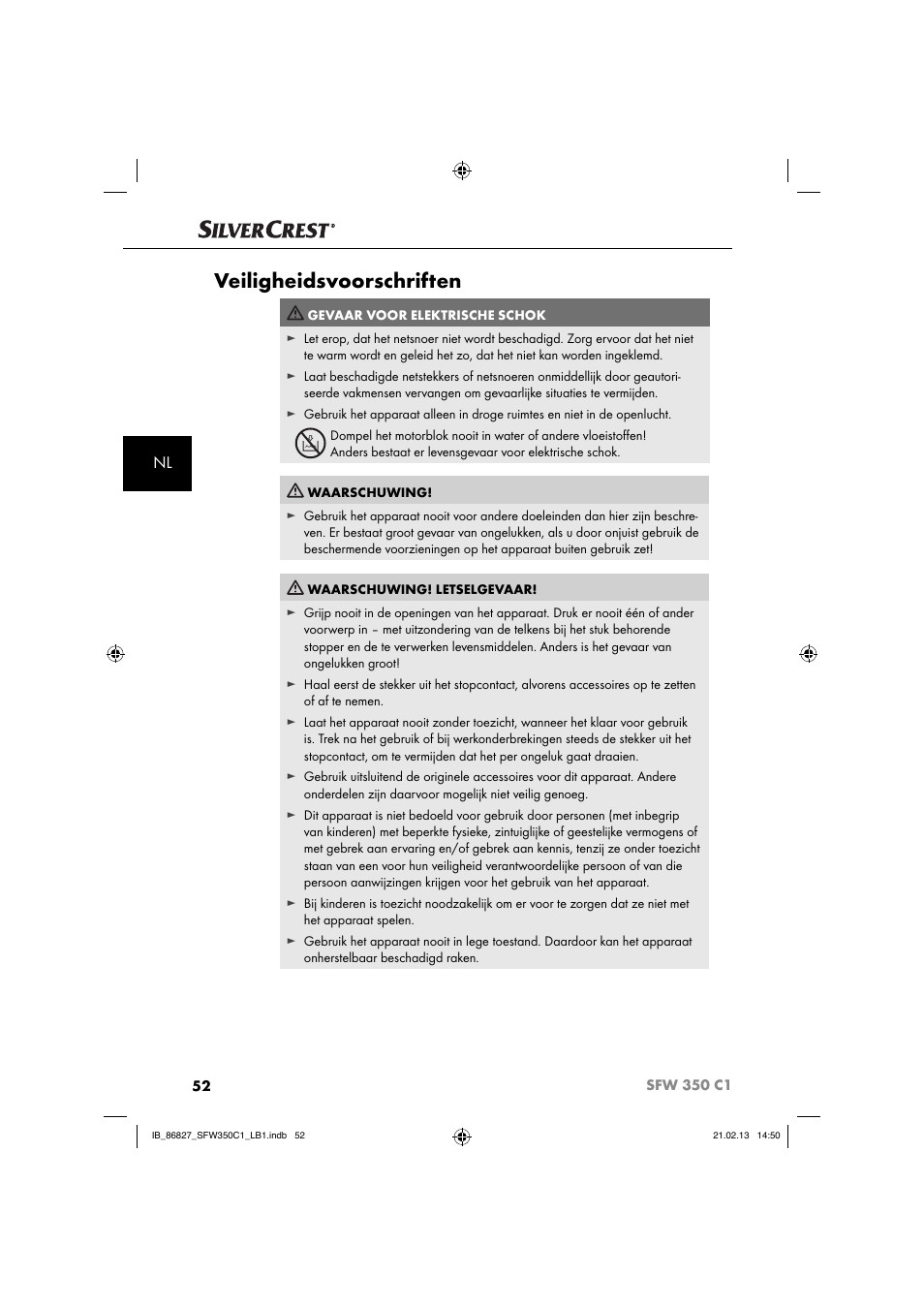 Veiligheidsvoorschriften | Silvercrest SFW 350 C1 User Manual | Page 55 / 84