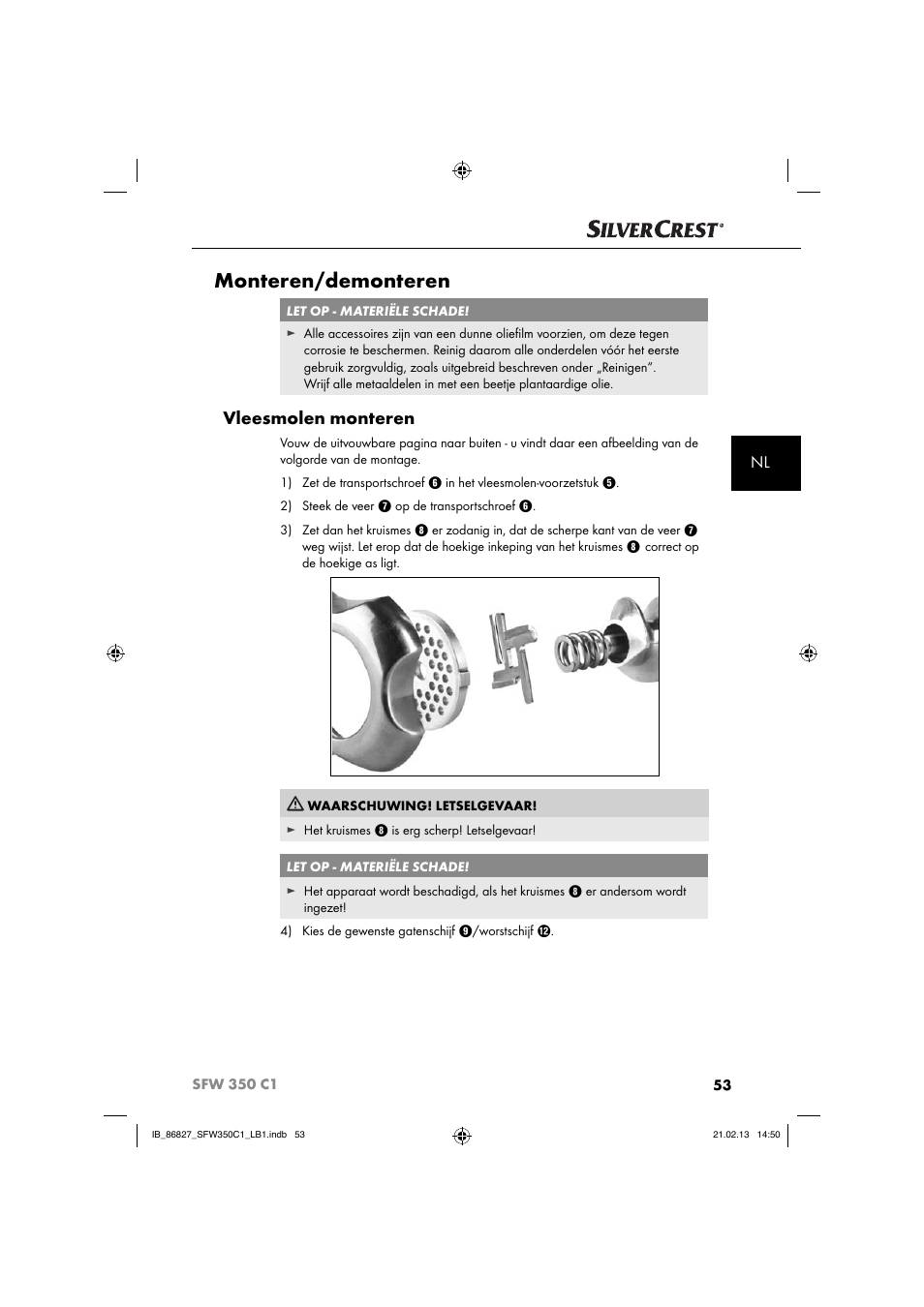 Monteren/demonteren, Vleesmolen monteren | Silvercrest SFW 350 C1 User Manual | Page 56 / 84