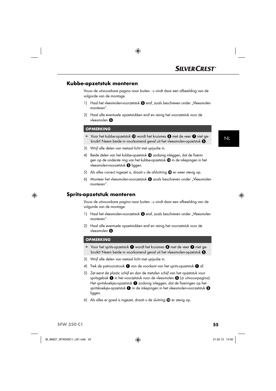 Kubbe-opzetstuk monteren, Sprits-opzetstuk monteren | Silvercrest SFW 350 C1 User Manual | Page 58 / 84