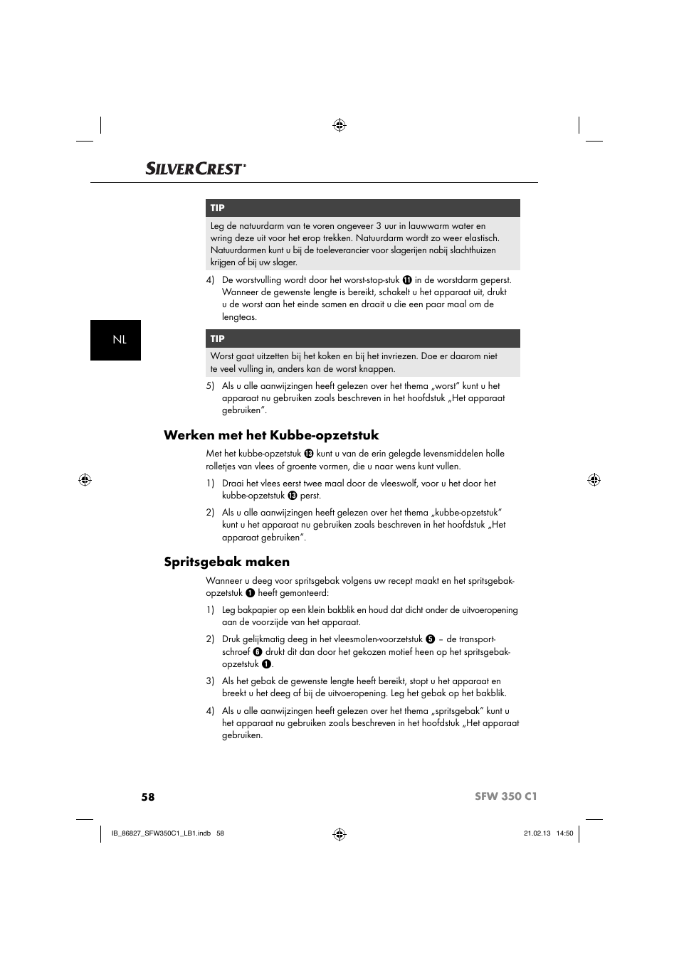 Werken met het kubbe-opzetstuk, Spritsgebak maken | Silvercrest SFW 350 C1 User Manual | Page 61 / 84