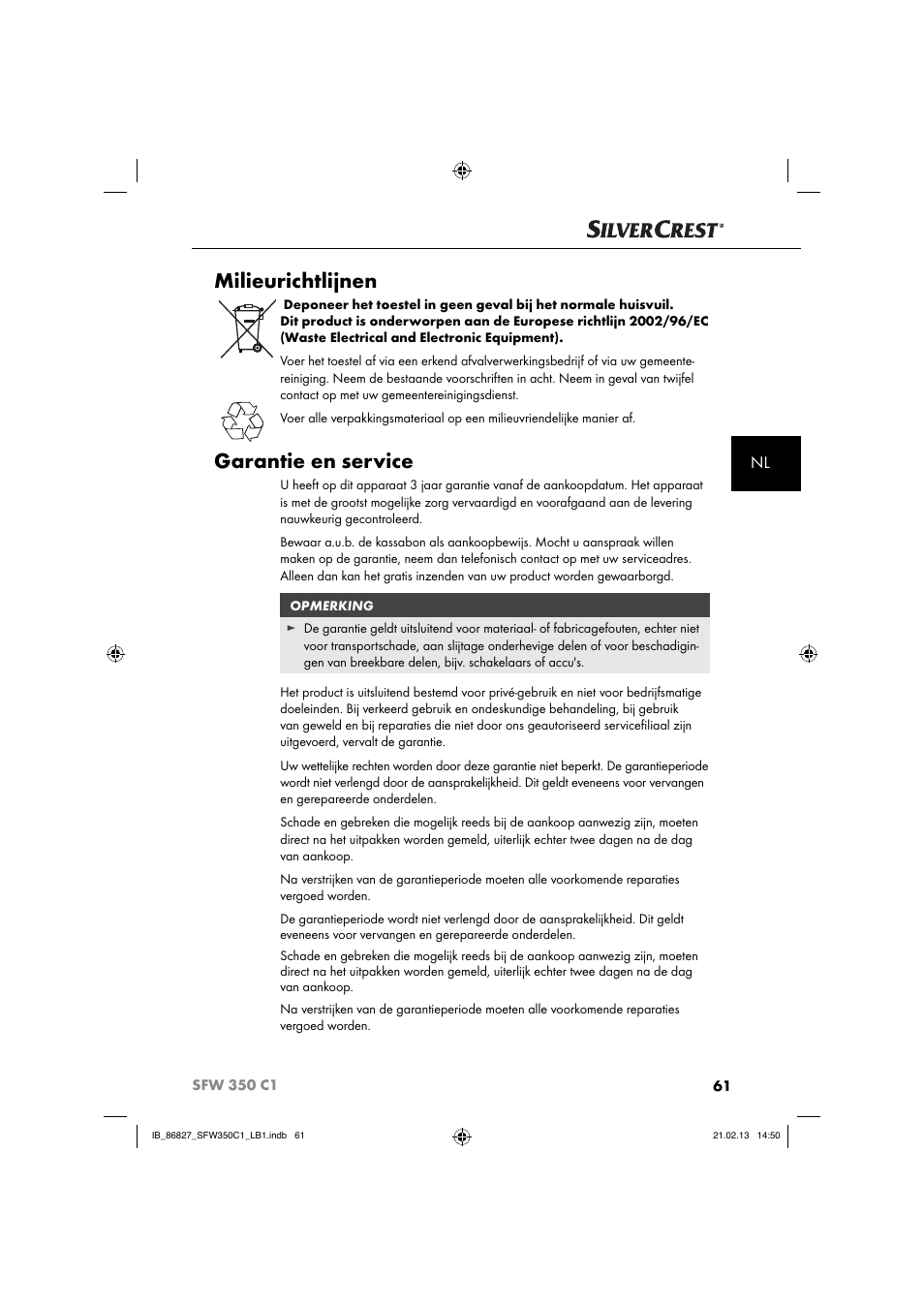 Milieurichtlijnen, Garantie en service | Silvercrest SFW 350 C1 User Manual | Page 64 / 84