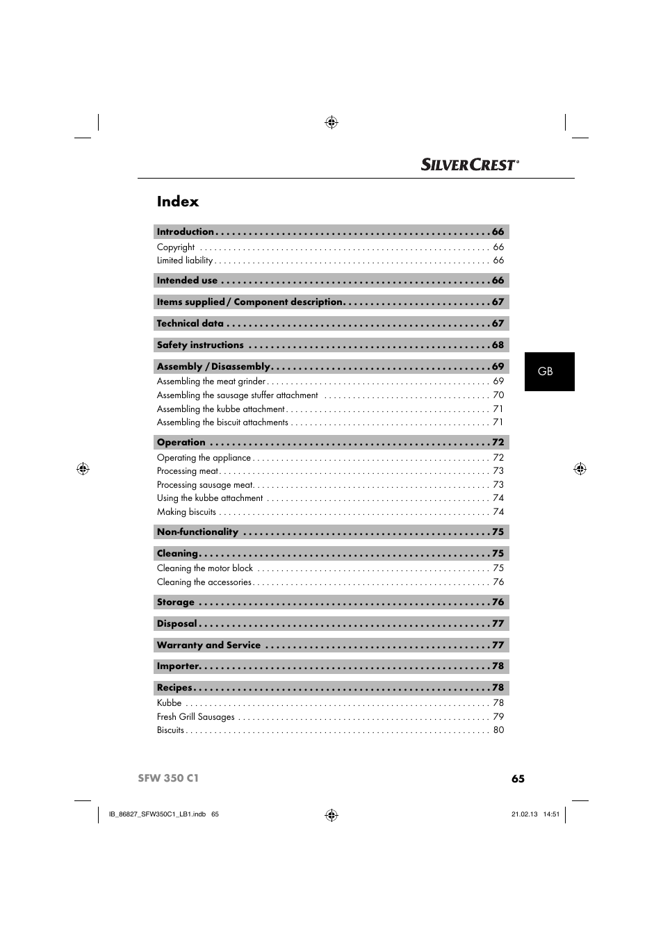 Index | Silvercrest SFW 350 C1 User Manual | Page 68 / 84