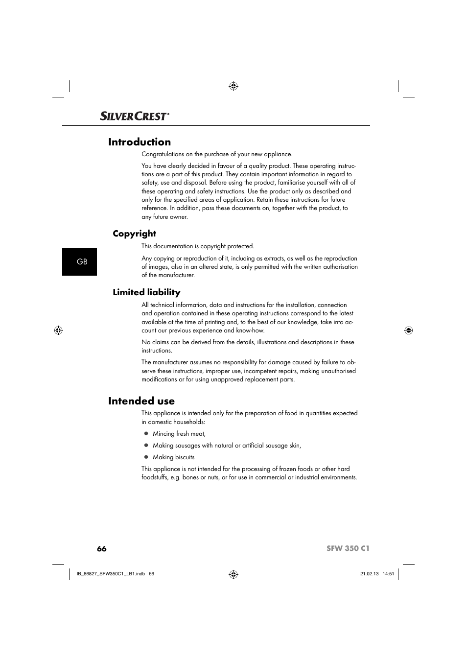 Introduction, Intended use, Copyright | Limited liability | Silvercrest SFW 350 C1 User Manual | Page 69 / 84