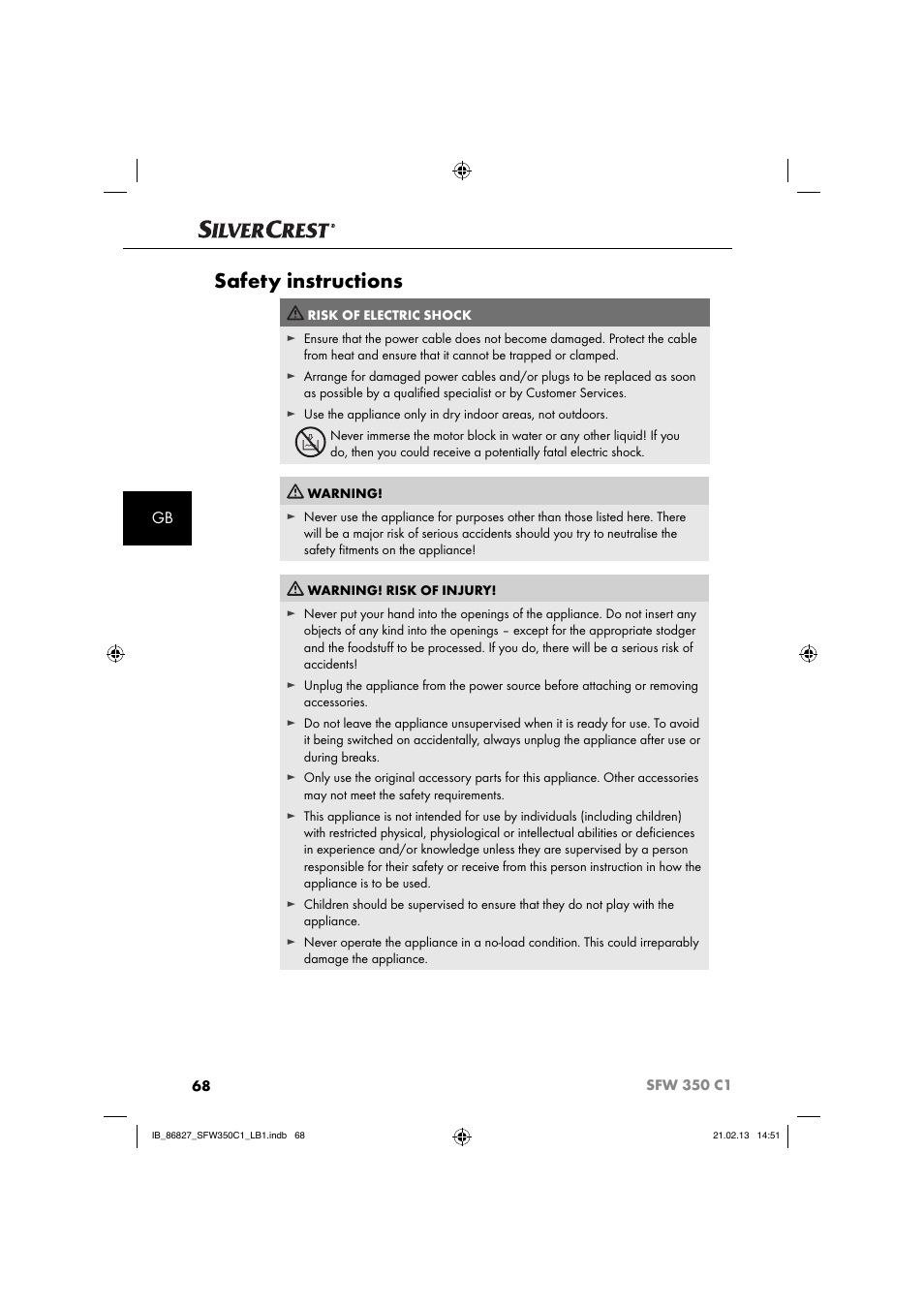 Safety instructions | Silvercrest SFW 350 C1 User Manual | Page 71 / 84