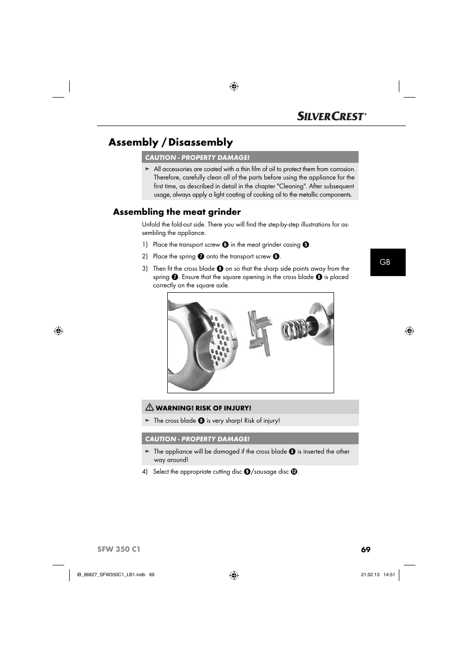 Assembly / disassembly, Assembling the meat grinder | Silvercrest SFW 350 C1 User Manual | Page 72 / 84