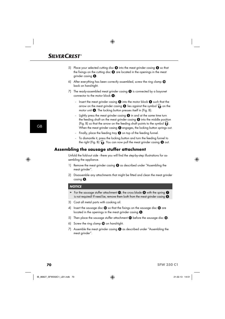Assembling the sausage stuﬀ er attachment | Silvercrest SFW 350 C1 User Manual | Page 73 / 84