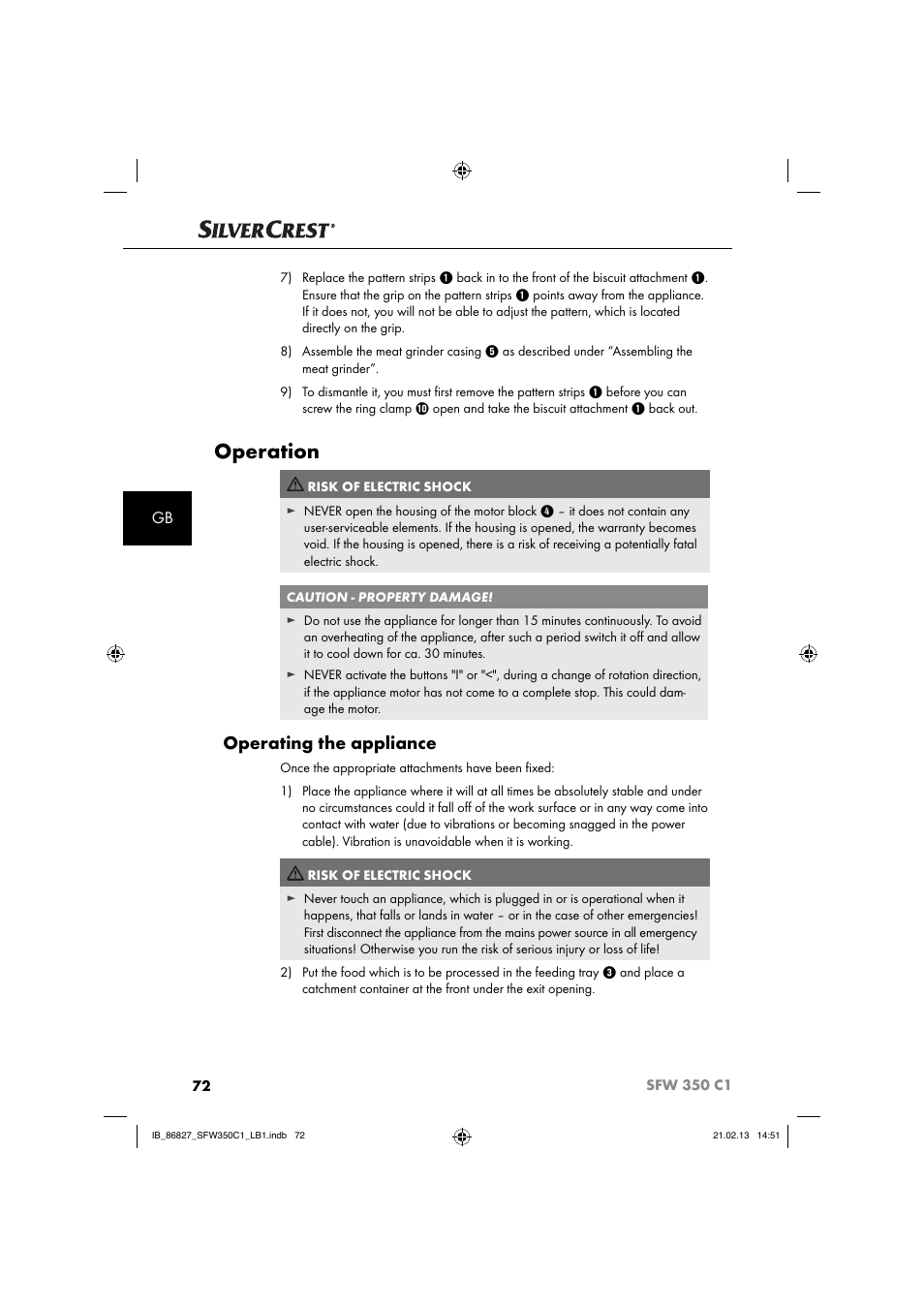 Operation, Operating the appliance | Silvercrest SFW 350 C1 User Manual | Page 75 / 84