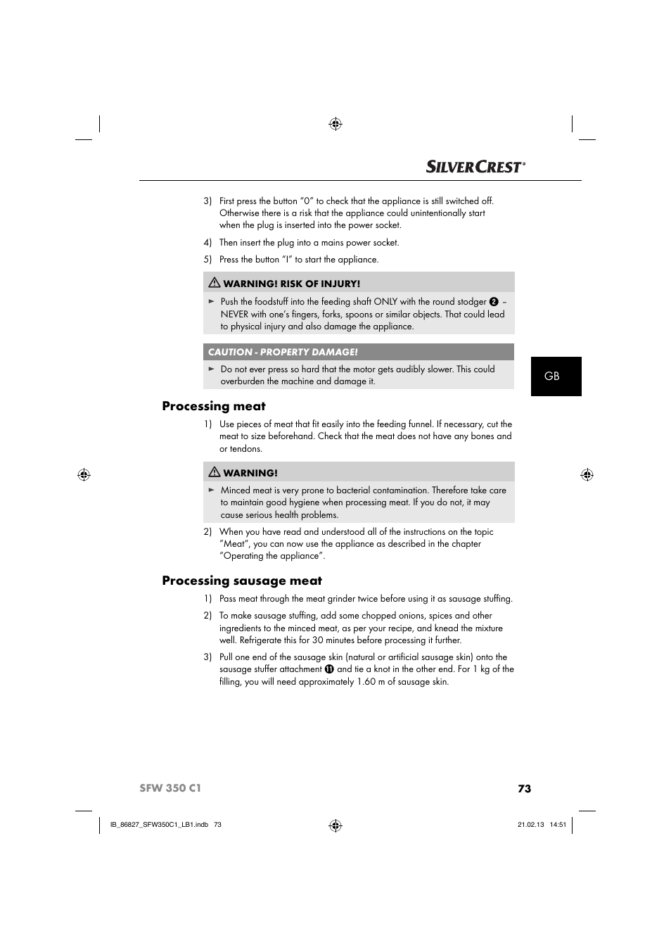 Processing meat, Processing sausage meat | Silvercrest SFW 350 C1 User Manual | Page 76 / 84